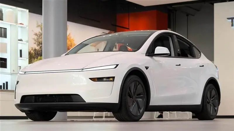 A white refreshed Tesla Model Y on display at Santana Row in San Jose, California